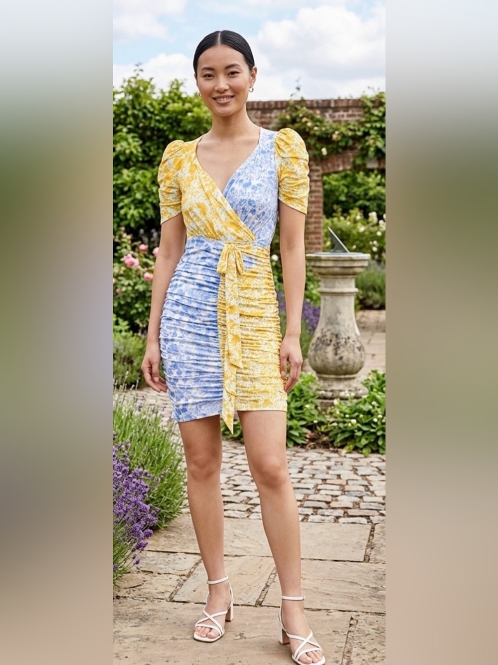 asos design Floral Wrap Dress in Yellow & Light Blue